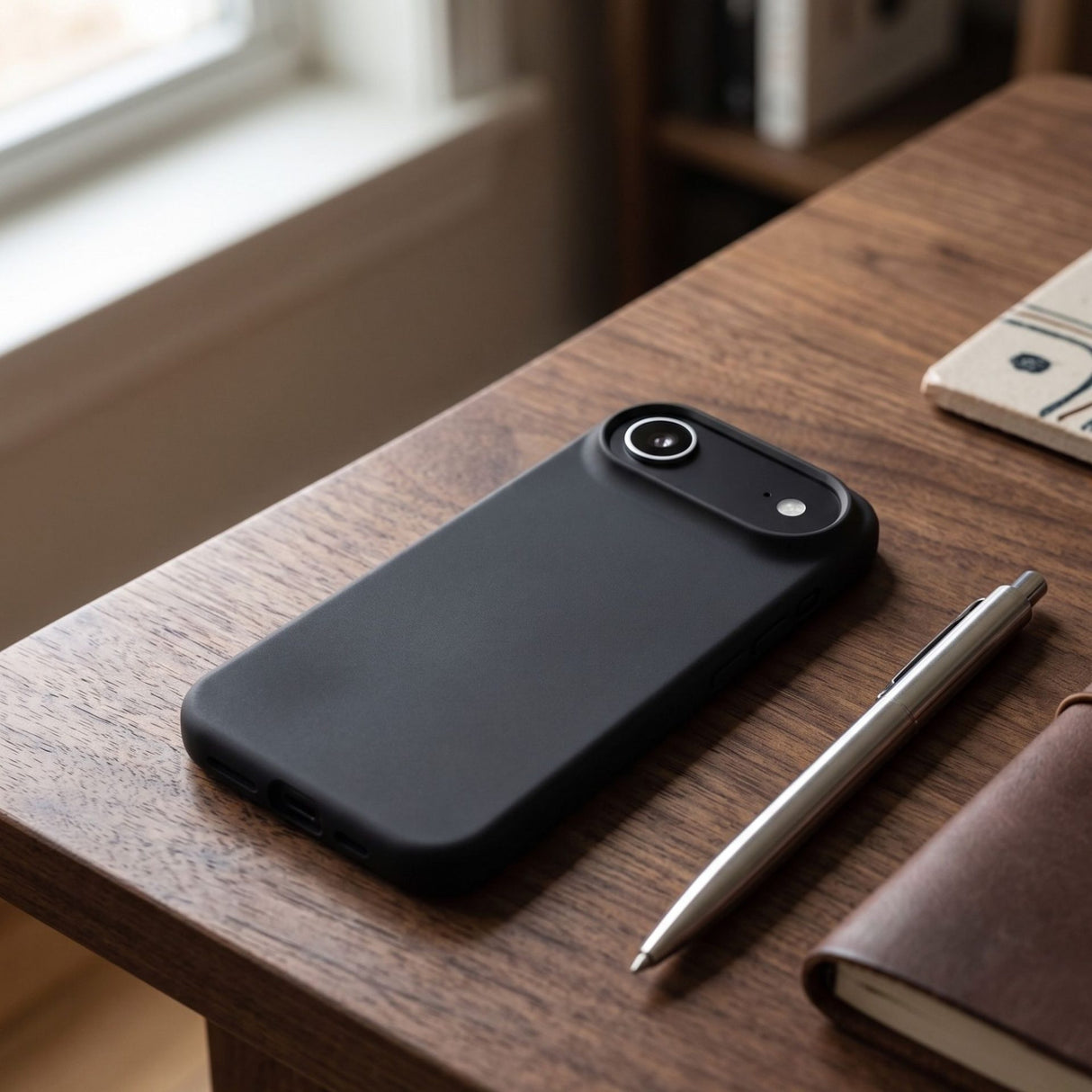 Husă Flippy MagSafe Shield iPhone 17 Air pe telefon, unghi lateral, silicon lichid negru