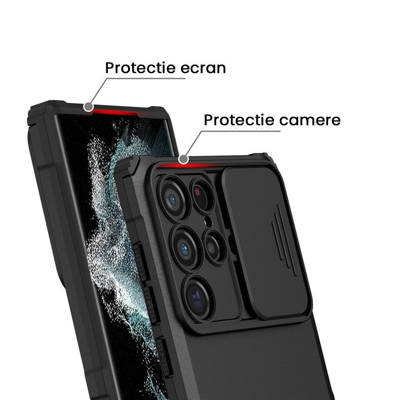Stand rabatabil integrat husă Defender Samsung S24 FE, mod landscape pentru vizionare video