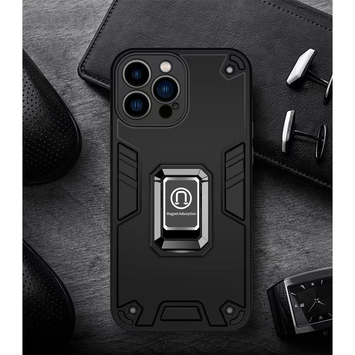 Husa Iron Warriors pentru iPhone 13 Pro, Flippy, Hybrid Ring Holder Kickstand, Negru - vivimall.ro