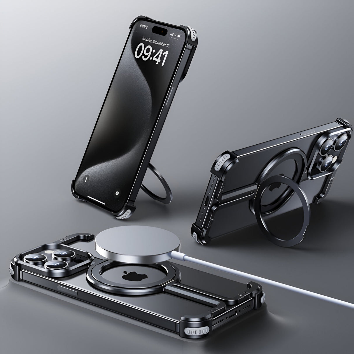 Husă metalică MagSafe iPhone 15 Pro negru metalizat, lifestyle, suport hands-free activ