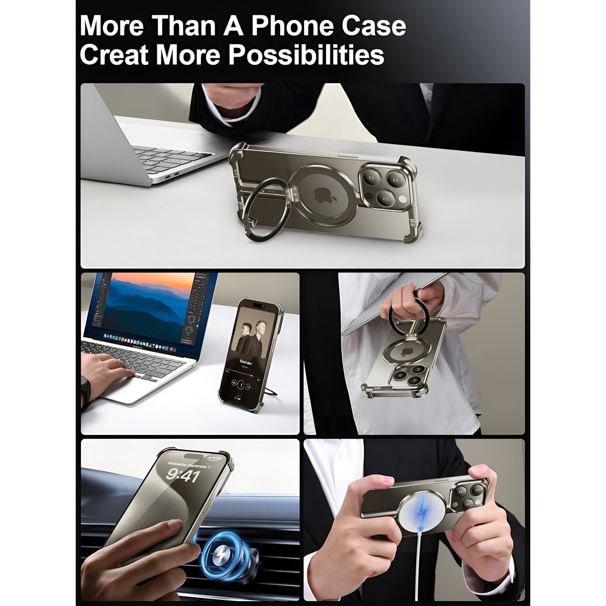 Colțuri antisoc husă metalică MagSafe iPhone 15 Pro, detaliu protecție impact