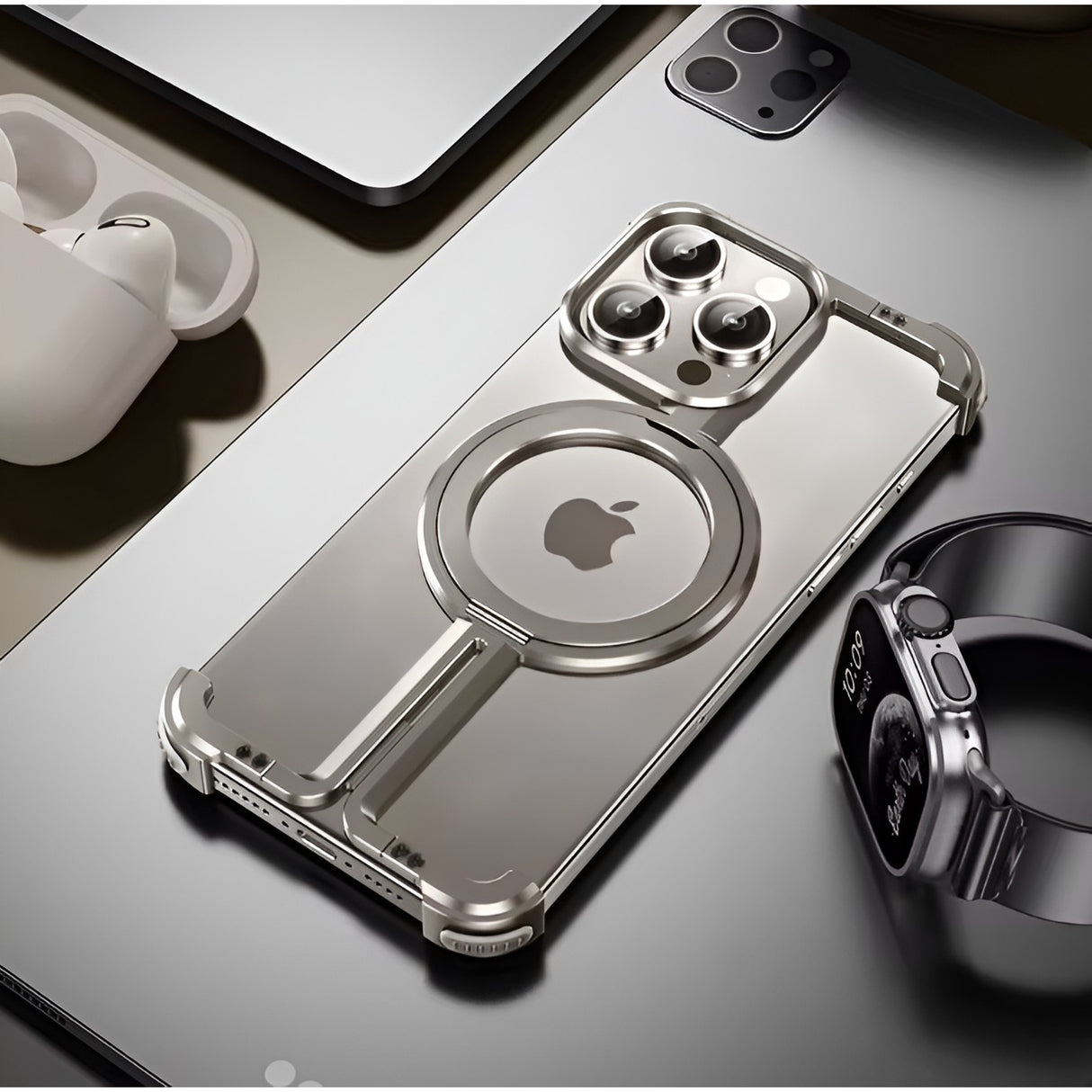 Husă MagSafe aluminiu iPhone 15 Pro Max, suport integrat pentru vizionare hands-free