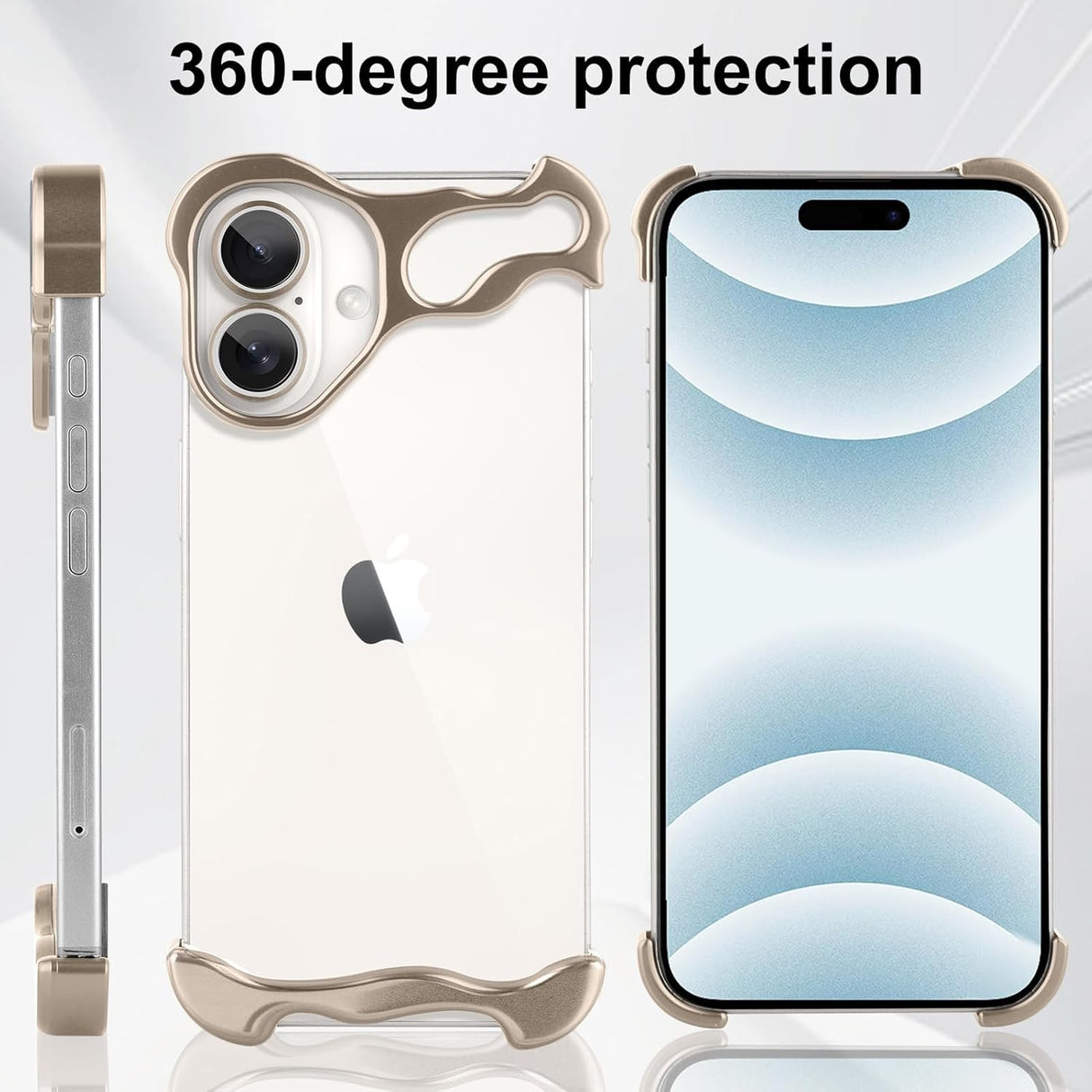 Set husă metalică iPhone 16 Plus aurie montat pe telefon, vedere laterală completă