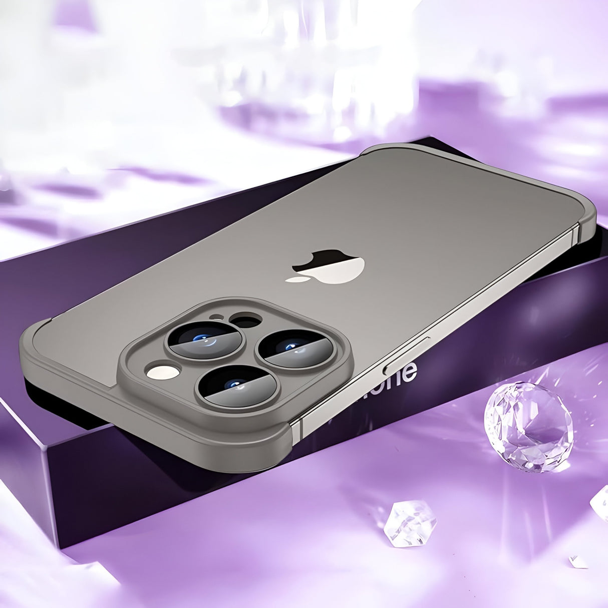 Capac metalic protecție cameră iPhone 15 Plus, finisaj gri mat, husă edgeless din aliaj rezistent