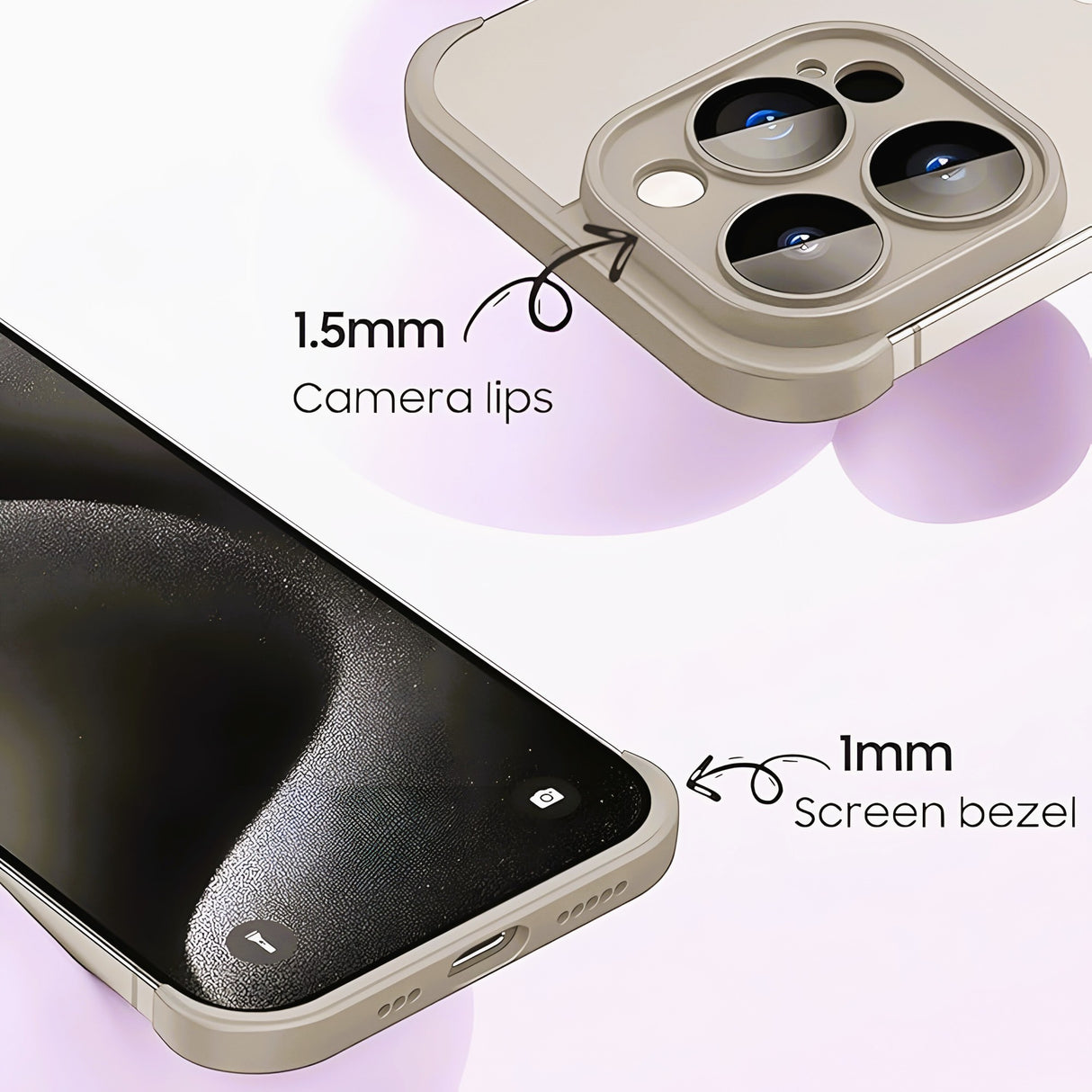 Set husă metalică Edgeless iPhone 15 Pro montată pe telefon, aspect modern, gri metalizat
