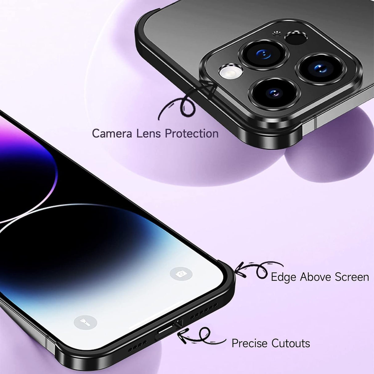 Husă metalică edgeless iPhone 16 Plus negru aplicată pe telefon, acces complet porturi păstrat