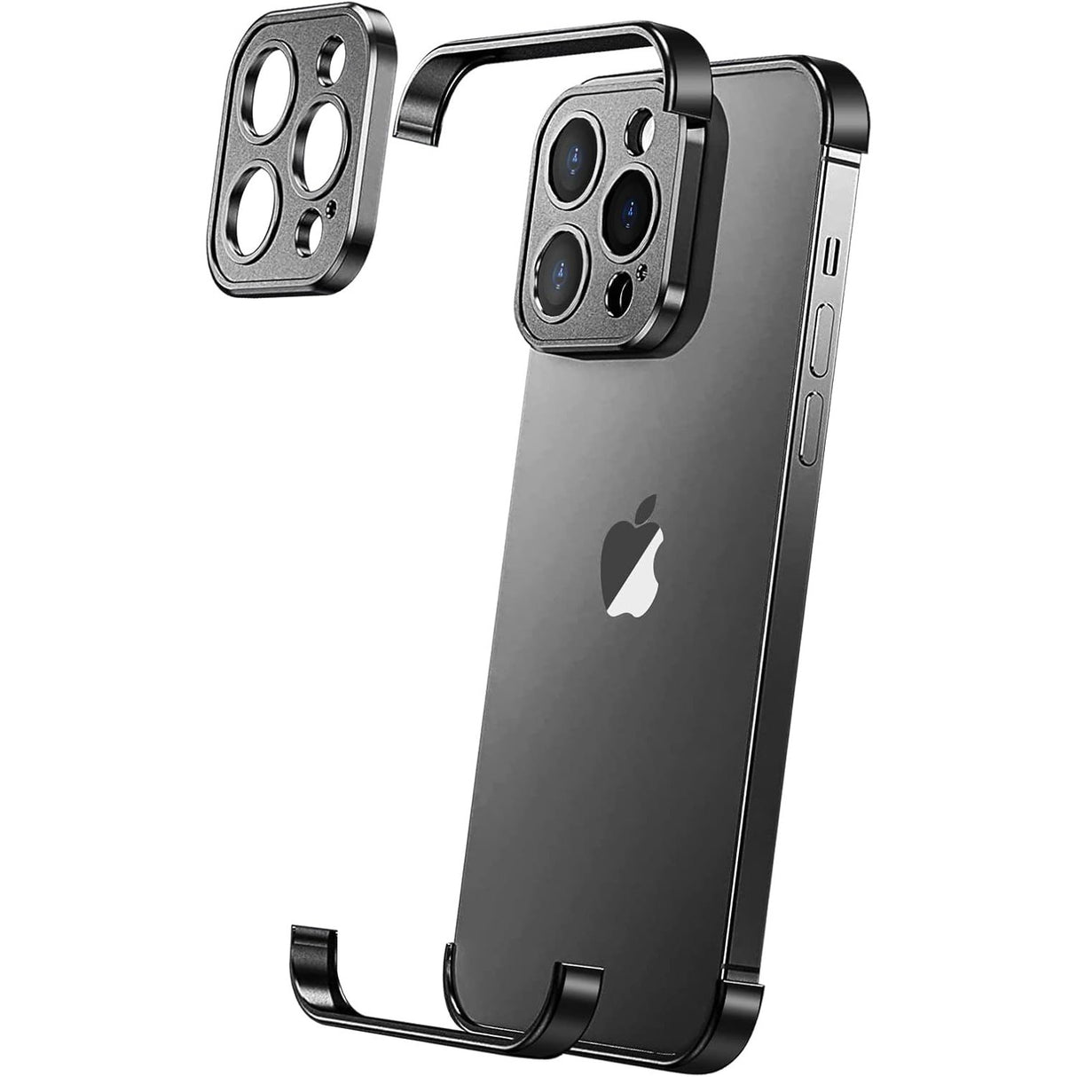 Husă metalică edgeless iPhone 16 Pro Max din aliaj aluminiu, set 3 piese negru, vedere frontală