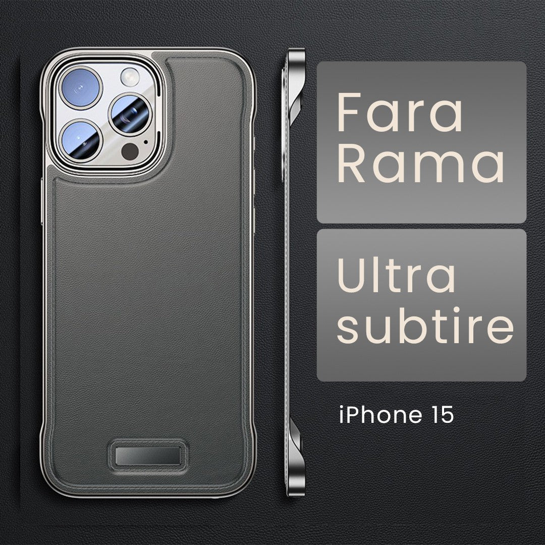 Husă protecție iPhone 15 piele PU subțire gri, detaliu lateral cu decupaje precise pentru butoane