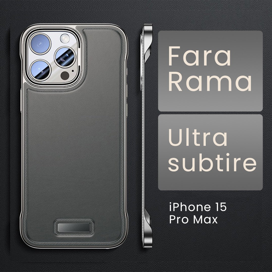Husă de protecție iPhone 15 Pro Max gri din piele PU, detaliu lateral cu decupaje precise pentru butoane