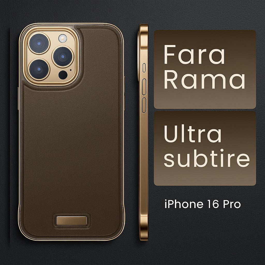 Husă subțire iPhone 16 Pro Max Desert Gold, detaliu lateral cu decupaje pentru butoane și porturi