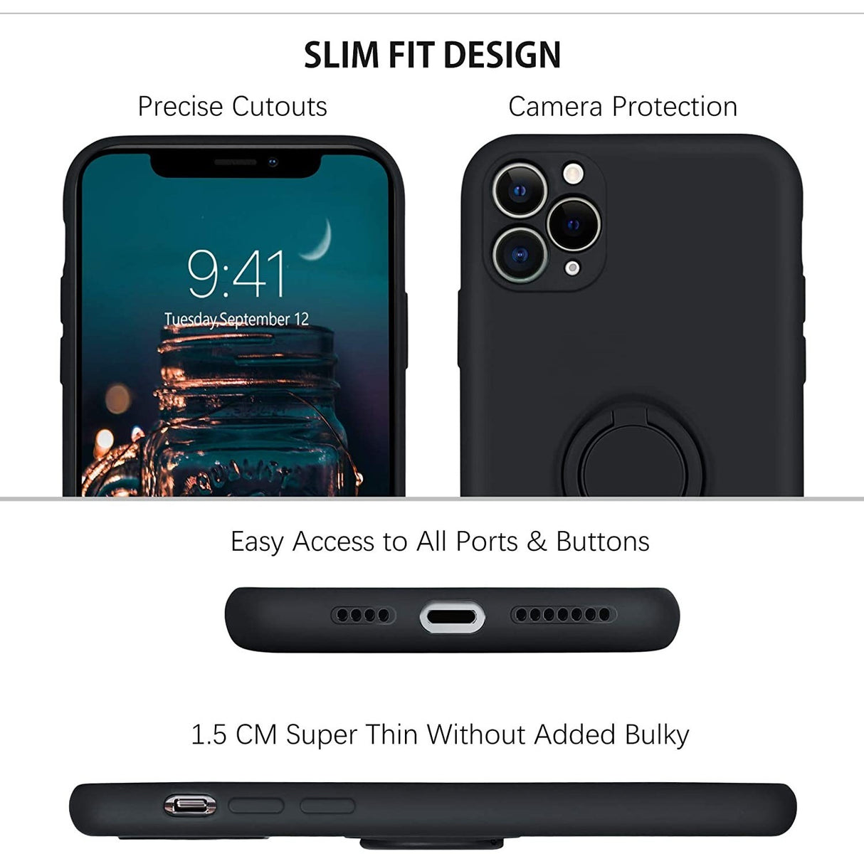 Husa protectie Flippy compatibila cu Apple iPhone 11 Pro Max Liquid Silicone Ring cu suport rotativ Negru - vivimall.ro