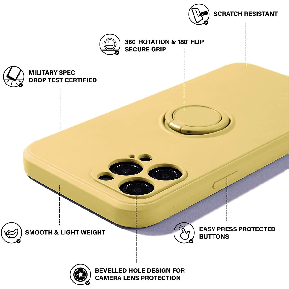 Husa protectie Flippy compatibila cu Apple iPhone 12 Pro Liquid Silicone Ring cu suport rotativ Galben - vivimall.ro