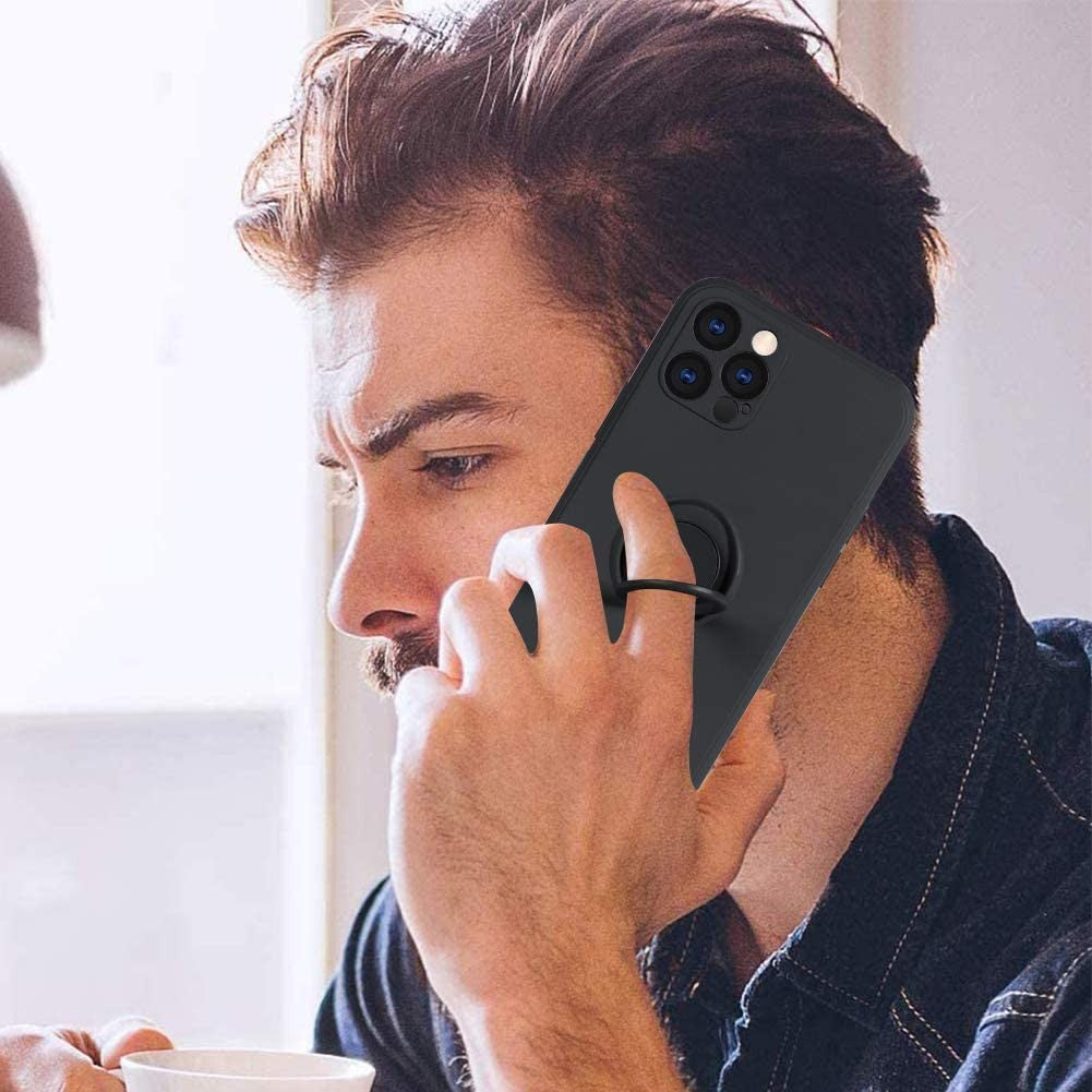 Husa protectie Flippy compatibila cu Apple iPhone 12 Pro Liquid Silicone Ring cu suport rotativ Negru - vivimall.ro