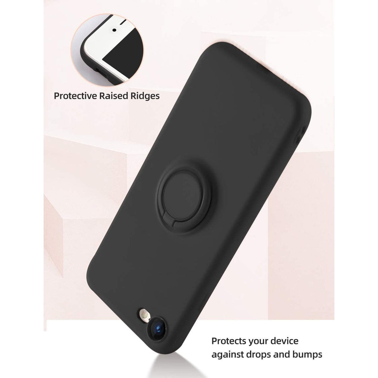 Husa protectie Flippy compatibila cu Apple iPhone 7/8/SE 2020 Liquid Silicone Ring cu suport rotativ Negru - vivimall.ro