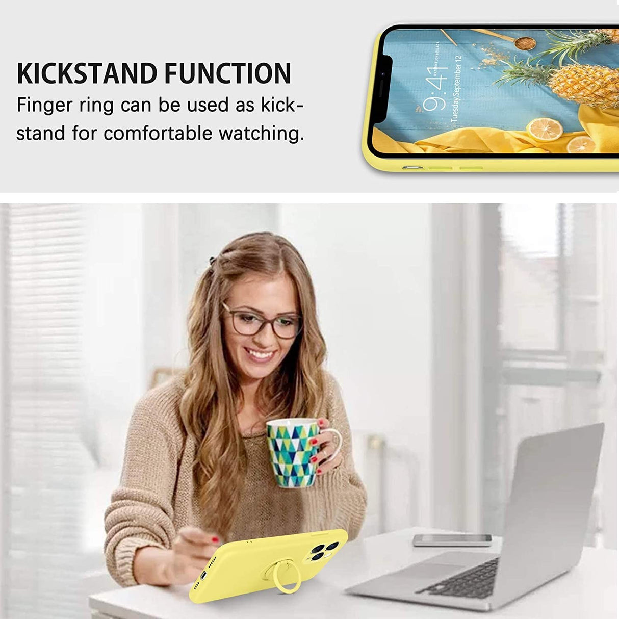 Husa protectie Flippy compatibila cu Samsung A32 4G Liquid Silicone Ring cu suport rotativ Galben - vivimall.ro