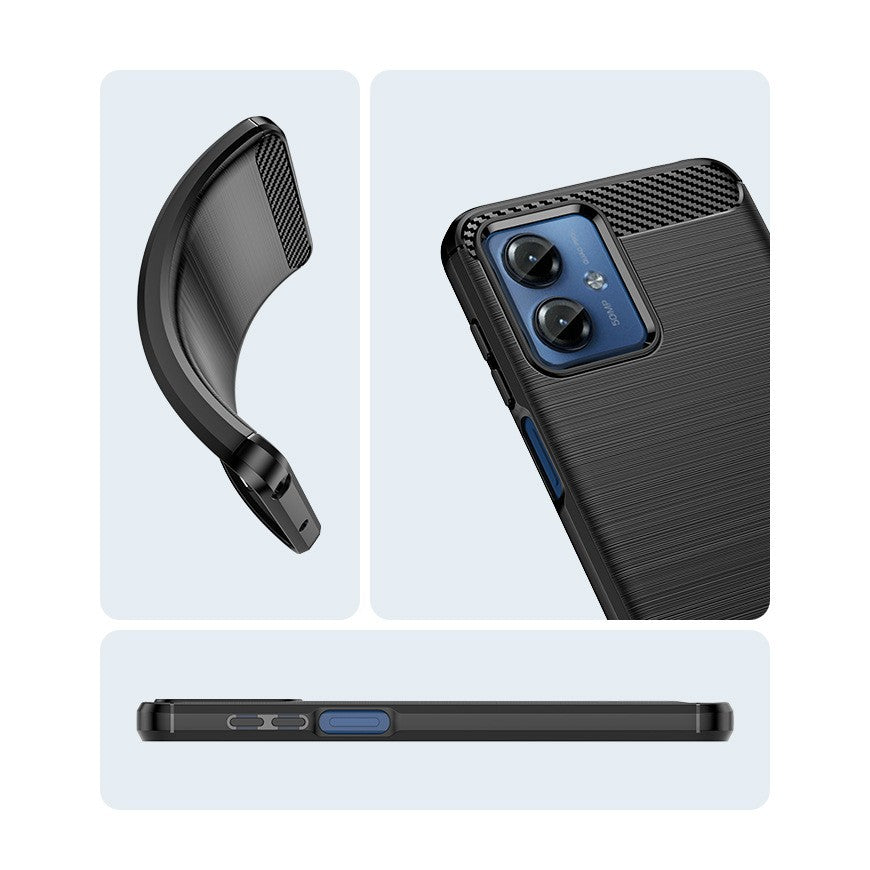 Husă Motorola Moto G14 montată pe telefon, protecție colțuri și ecran, negru