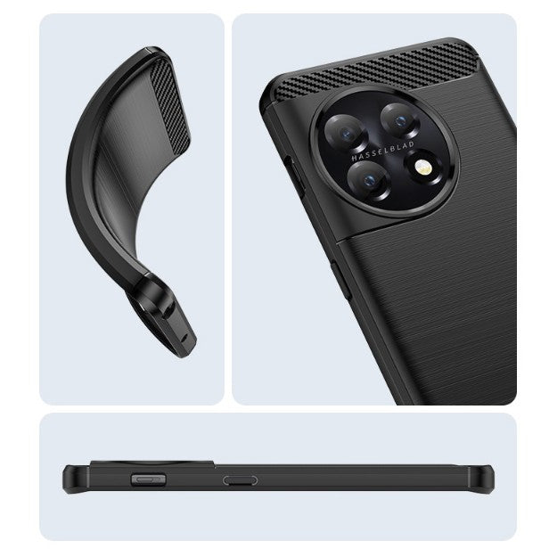 Husă silicon TPU moale OnePlus 11 negru carbon, montată pe telefon, vedere lifestyle