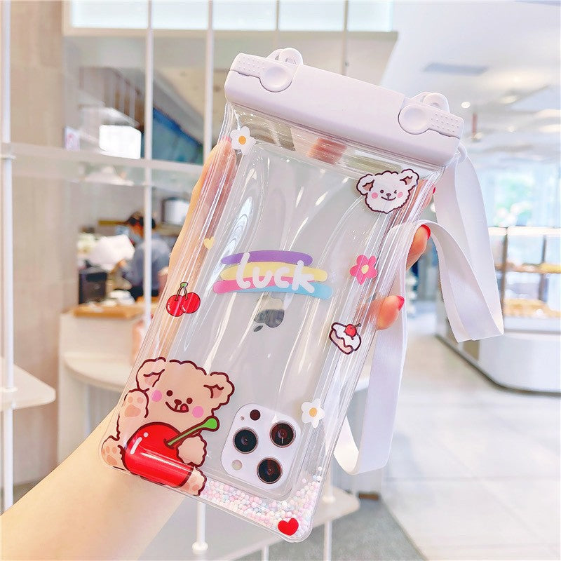 Husa subacvatica Fruity Waterproof Flippy, Snowproof, Universala, Impermeabila, cu Snur, pentru telefon sau documente, Cherry Bear, Alb - vivimall.ro