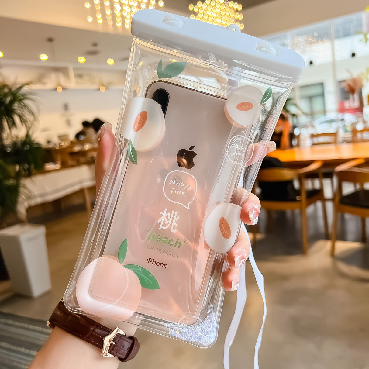 Husa subacvatica Glitter Kids Waterproof Flippy, Snowproof, Universala, cu Snur, pentru telefon sau documente, Peach, Alb - vivimall.ro