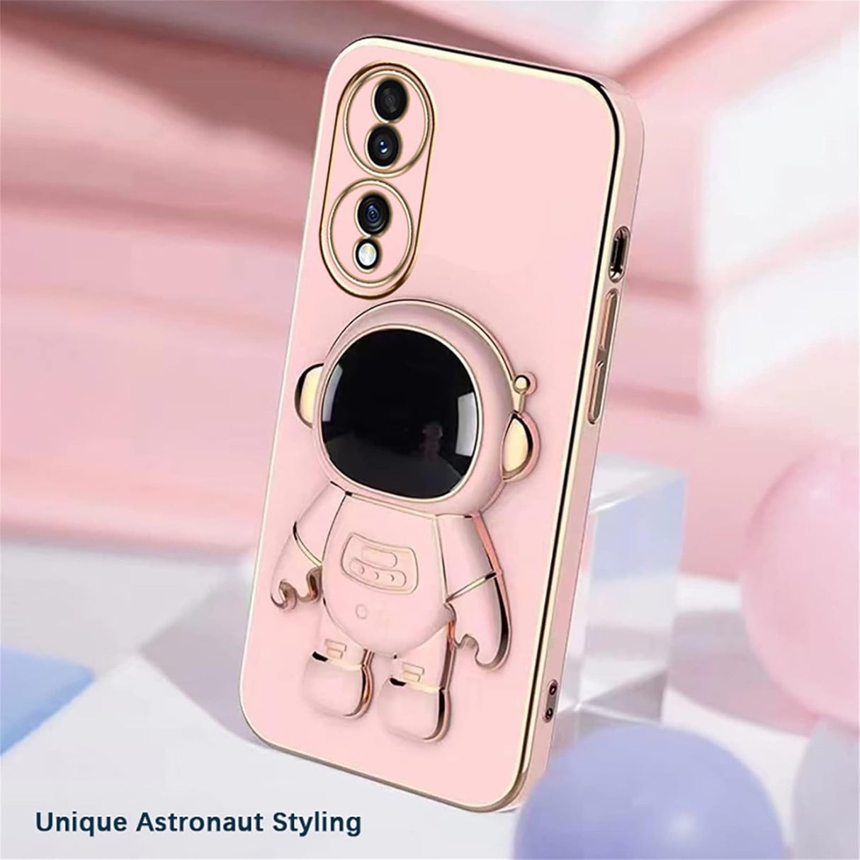 Husă Huawei P50 Pro roz din TPU, detaliu suport tip astronaut și protecție camere