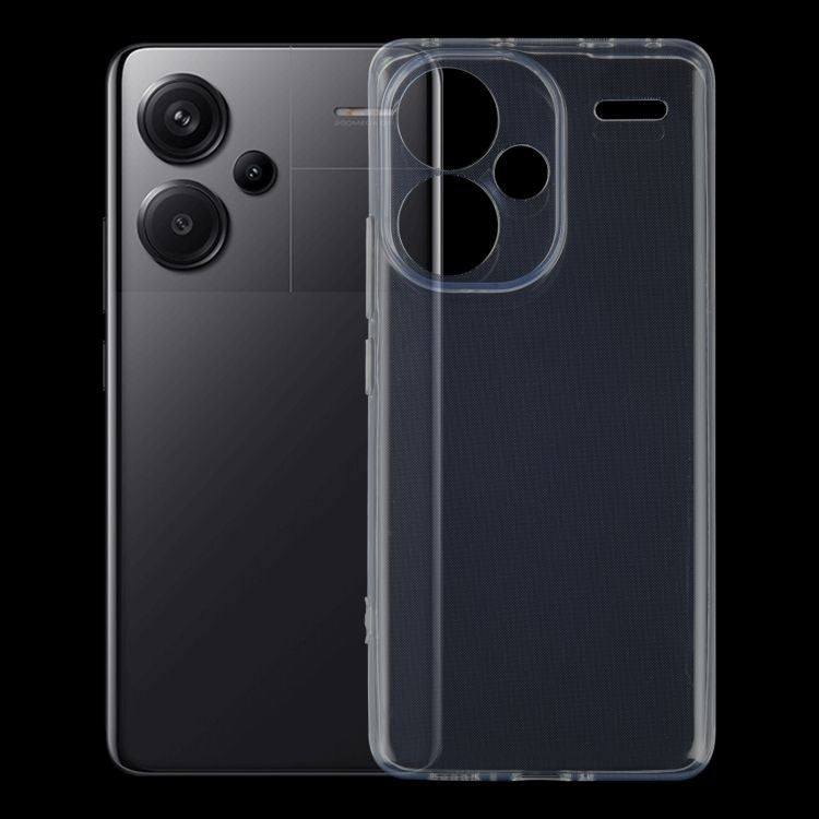 Husă transparentă Redmi Note 13 Pro+ 5G aplicată pe telefon, vedere spate, design minimalist