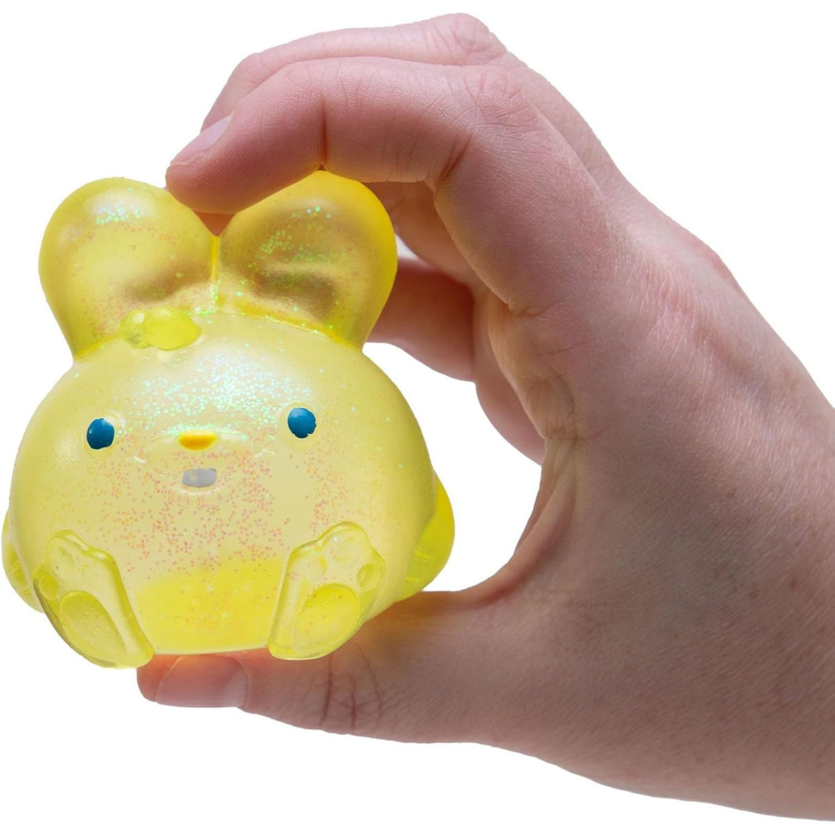 Iepuraș Squishy Flippy comprimat în mână, demonstrație textură Maltose Squish elastică și sclipici fin