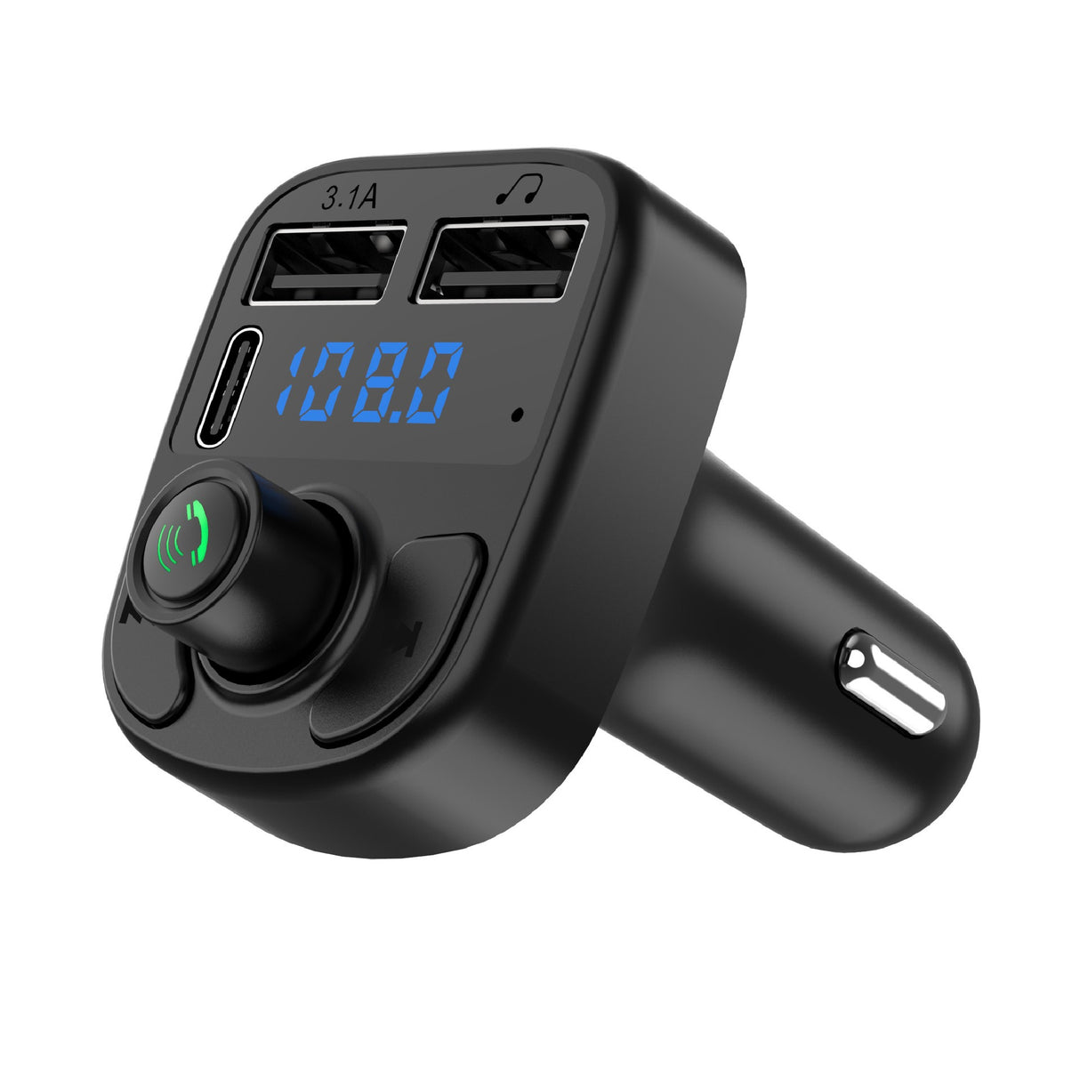 Detaliu porturi USB și Type C ale încărcătorului auto cu MP3 Player Bluetooth 5.0, negru