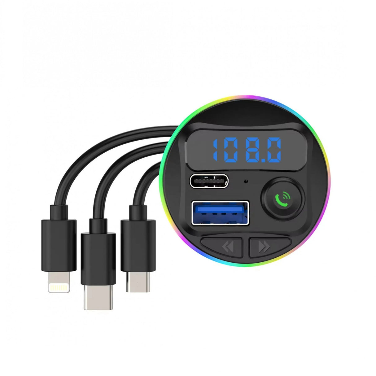 Încărcător auto cu MP3 Player și Bluetooth, port QC3.0 și Type-C PD 20W, culoare neagră – vedere frontală