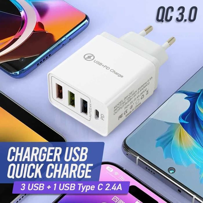 Detaliu porturi USB-A 3.1A și USB-C Power Delivery ale încărcătorului Fast Charge 32W Vivimall, alb