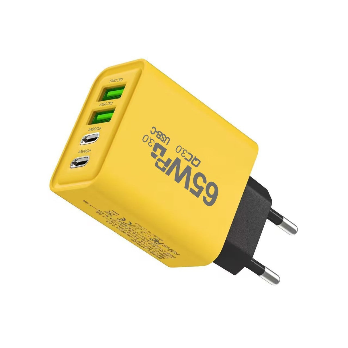 Încărcător Quick Charge 3.0 65W galben conectat la priză standard europeană