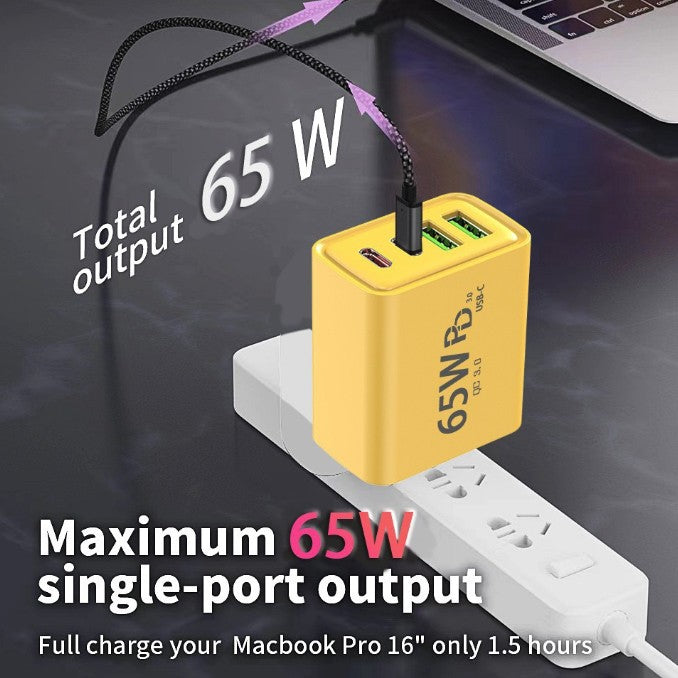 Detaliu carcasă galbenă și design compact al încărcătorului multi-port 65W