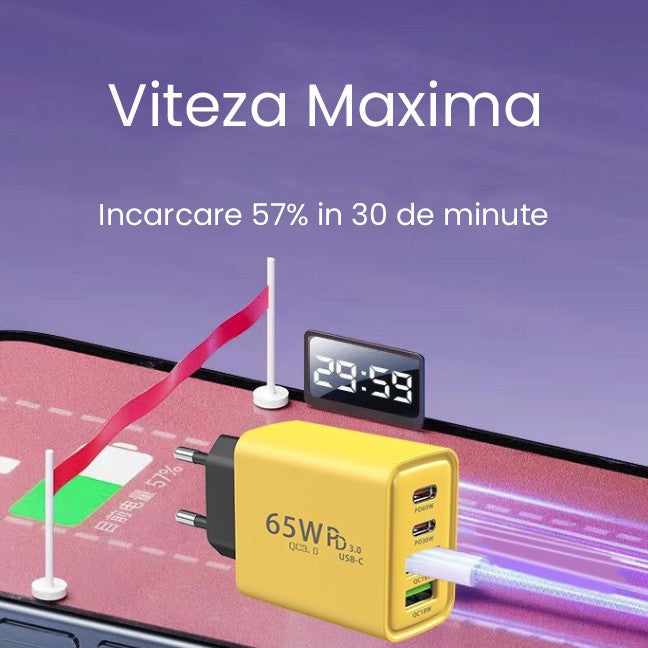 Încărcător Fast Charge 65W galben, vedere laterală cu mufă standard europeană