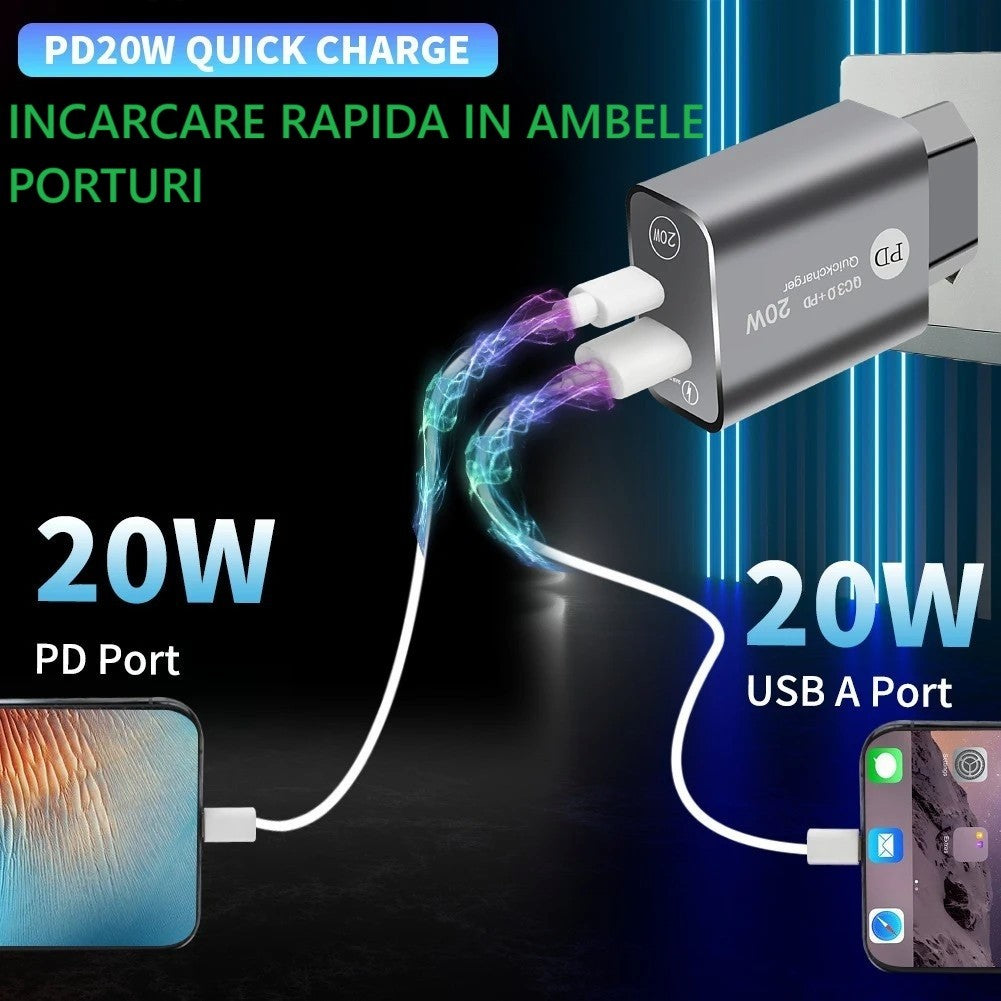 Încărcător rapid 20W Vivimall, vedere laterală cu dimensiuni 9,5 x 5,3 x 5,8 cm
