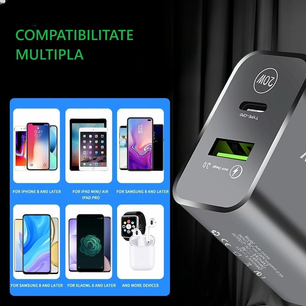 Detaliu cip protecție supraîncălzire încărcător Vivimall 20W Type-C, negru
