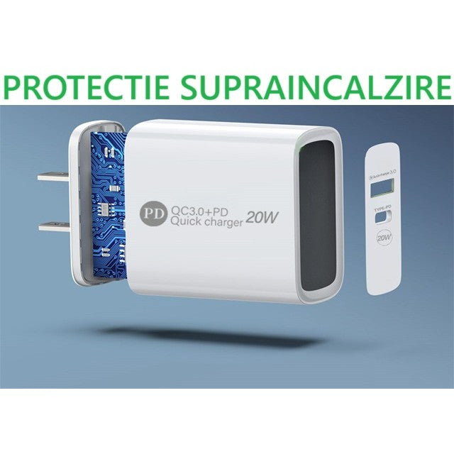Încărcător rapid 20W Vivimall alb, vedere laterală cu dimensiuni 9,5 x 5,3 x 5,8 cm