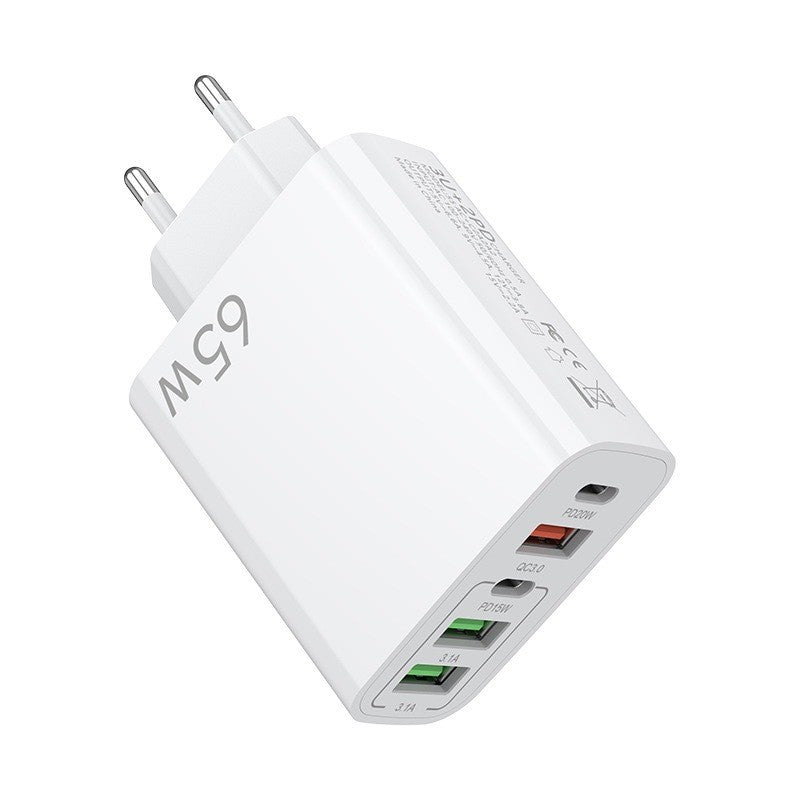 Încărcător 65W QC4.0 conectat la priză, vedere laterală, design compact alb