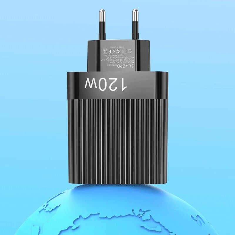 Incarcator Retea pentru Telefon, Vivimall, Super Fast Charger Multi-Port, Power Delivery 120W, 3 USB-A, 2 TYPE-C, Compatibil Telefon si Tableta, Negru - vivimall.ro
