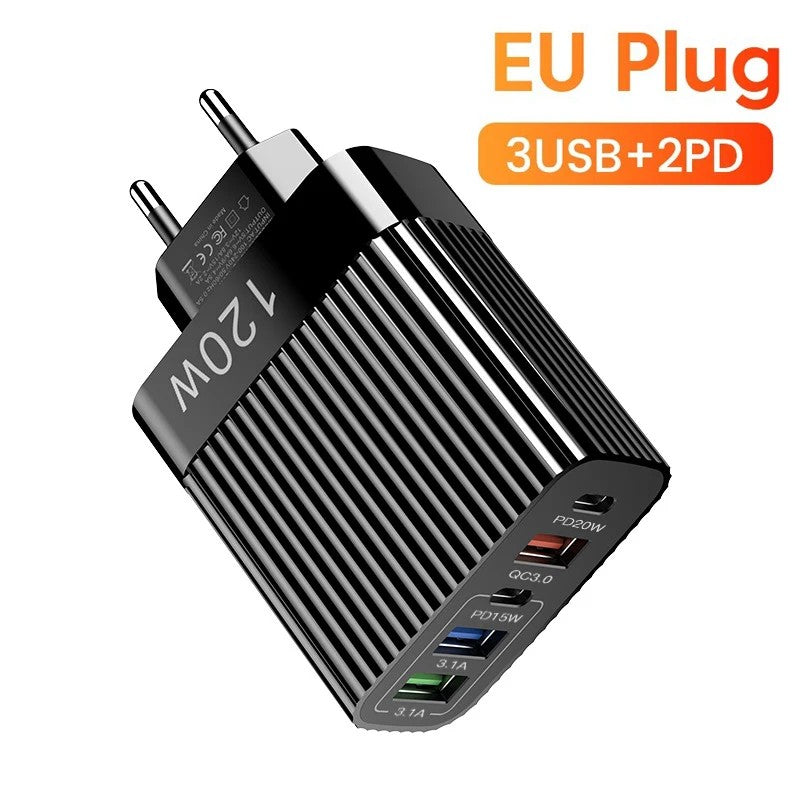 Incarcator Retea pentru Telefon, Vivimall, Super Fast Charger Multi-Port, Power Delivery 120W, 3 USB-A, 2 TYPE-C, Compatibil Telefon si Tableta, Negru - vivimall.ro