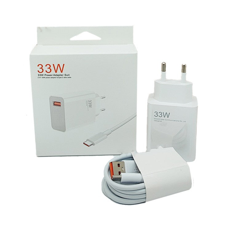 Încărcător rapid 33W USB-A cu cablu USB-C 1m inclus, priză europeană, culoare albă, vedere frontală