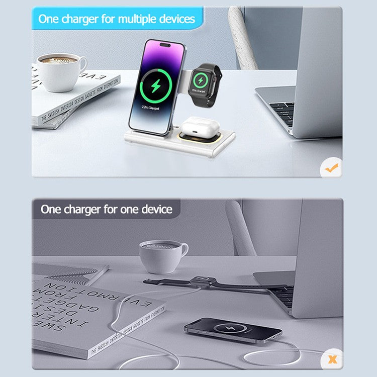 Detaliu zonă dedicată AirPods și suport magnetic Apple Watch, încărcător wireless 3 în 1 alb