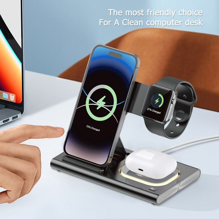 Incarcator Wireless 3 in 1 Fast Charger, Vivimall, Compatibil cu Apple iPhone, iWatch, AirPods, New Design, 15W, 16.5 x 14 x 9.5 cm, Negru - vivimall.ro