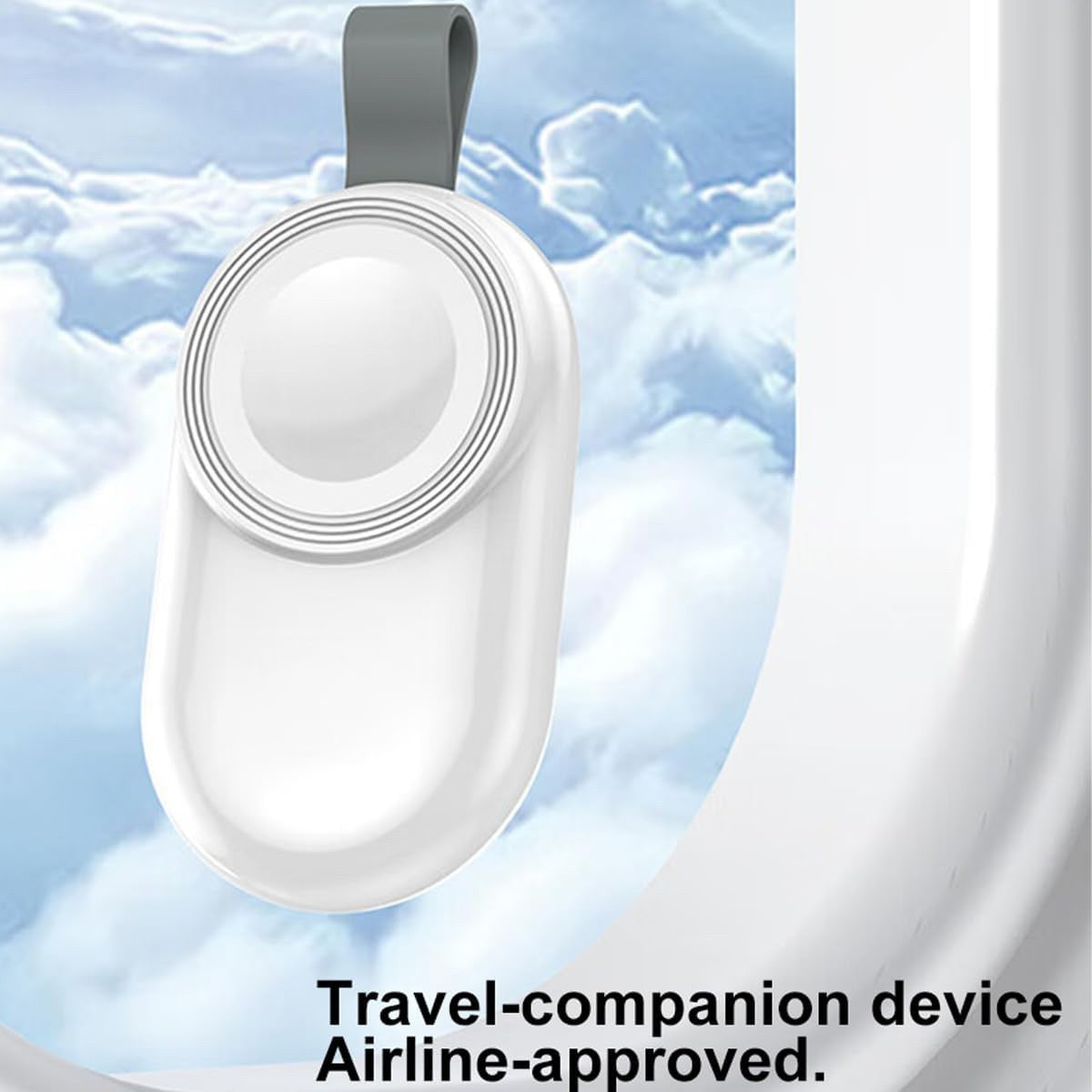 Încărcător portabil Apple Watch conectat la power bank prin port USB-C, alb