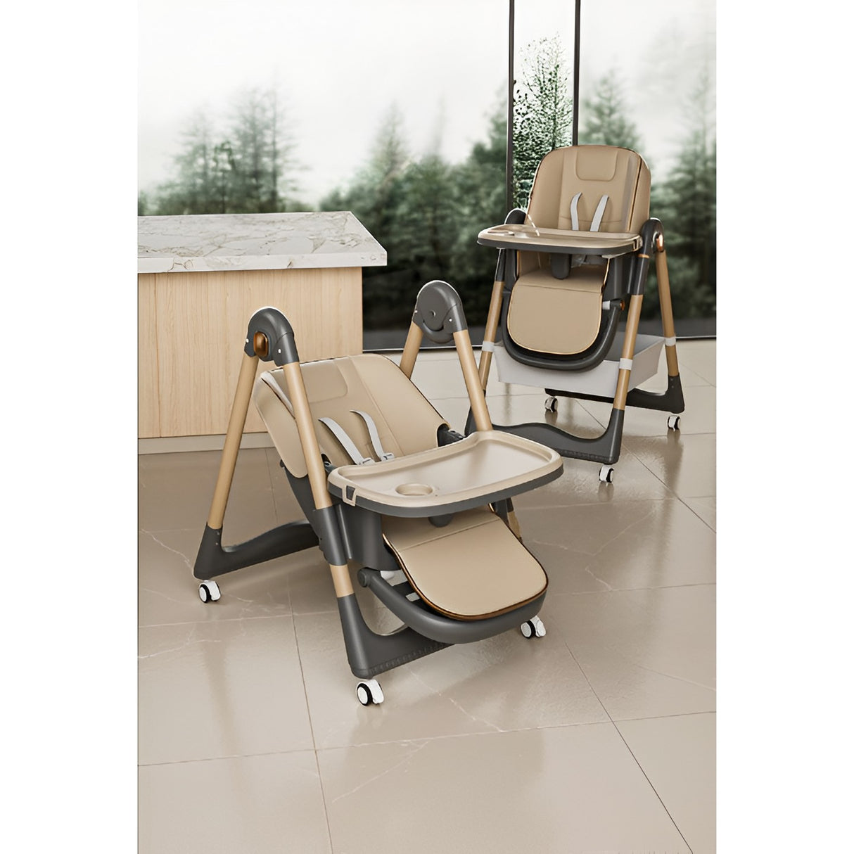 Scaun de Masa pentru Bebelusi si Copii, Flippy, 2 Tavite si Husa Detasabile, Multifuncțional, Stabil, Centura de Siguranta, Inaltime Ajustabila, Spatar Reglabil Moale, Cos de Depozitare, 100x50x80cm, de la 6 Luni, Crem - vivimall.ro