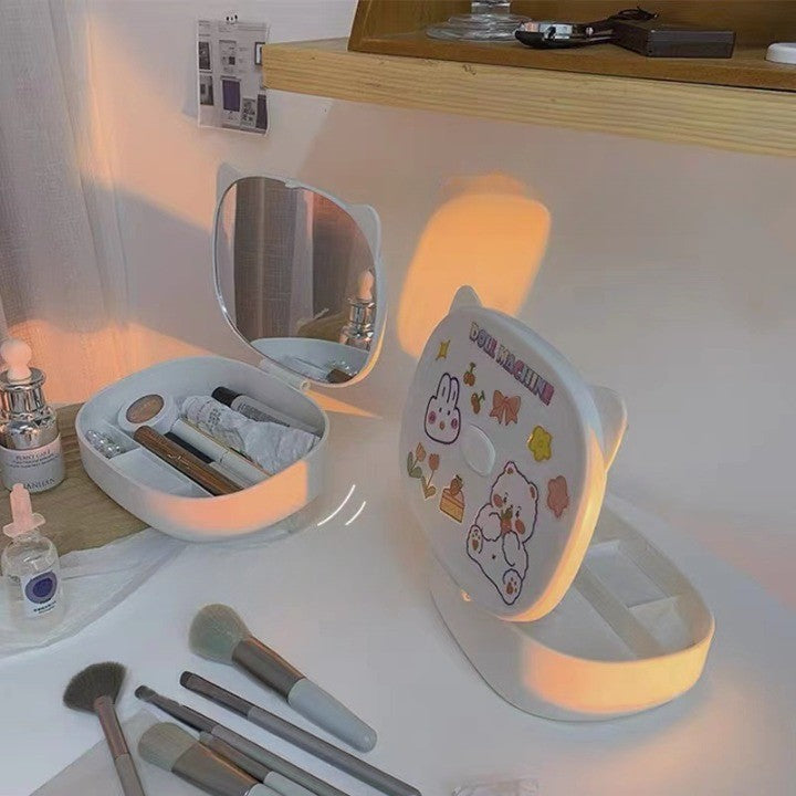 Cutie cu Oglinda, Model Pisica, Vivimall, 4 Compartimente, Cutie de Depozitare a Machiajelor si Accesoriilor, Oglinda de Machiaj, 17x13x6cm, Alb - vivimall.ro