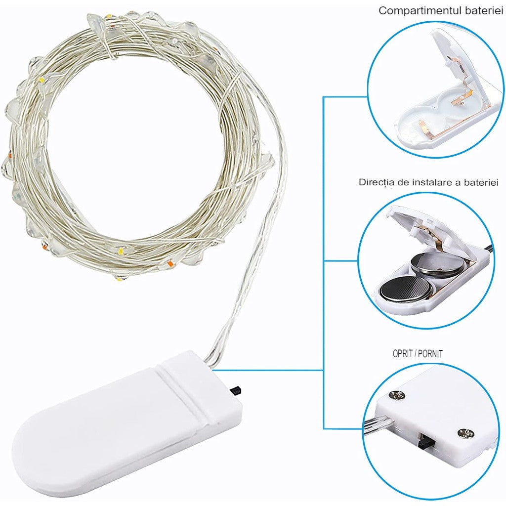 Instalatie Craciun, 1 metru, 10 LED-uri, Multicolor, cu baterii, fir aliaj zinc, liniar, interior/exterior, Vivimall - vivimall.ro