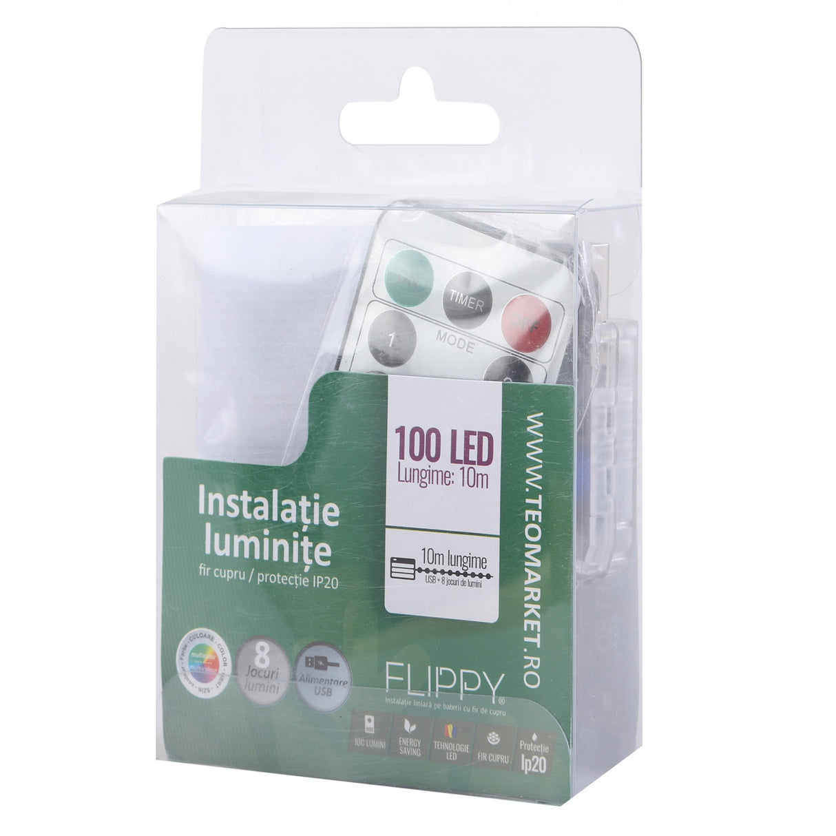 Instalatie Craciun, 10 metri, 100 LED-uri, multicolor, telecomanda 8 functii, USB, fir cupru, liniar, interior/exterior, - vivimall.ro