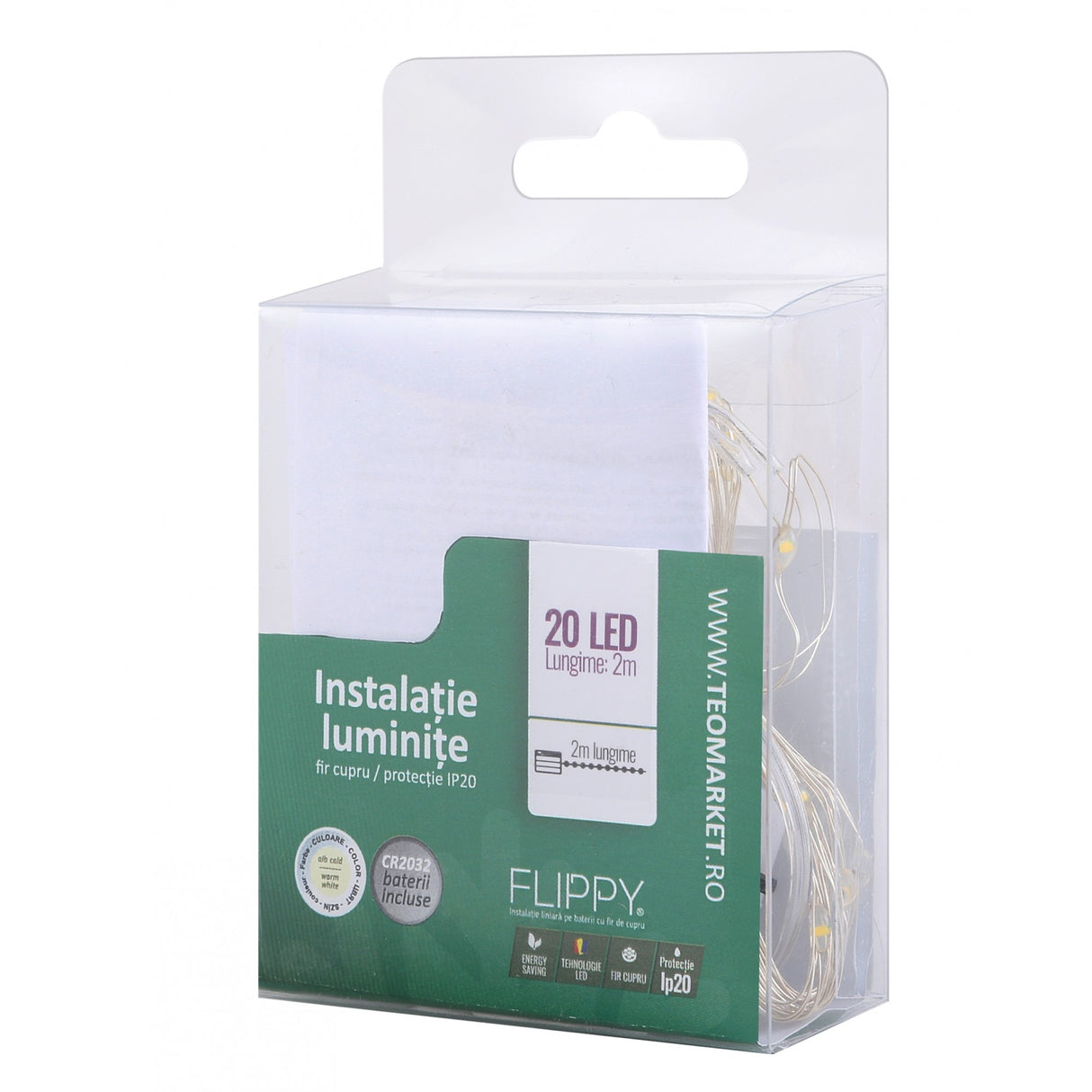 Instalatie Craciun, Liniara, 2 m, Baterii, 20 LED-uri, Alb Cald, Fir Cupru, Interior/Exterior, Flippy - vivimall.ro