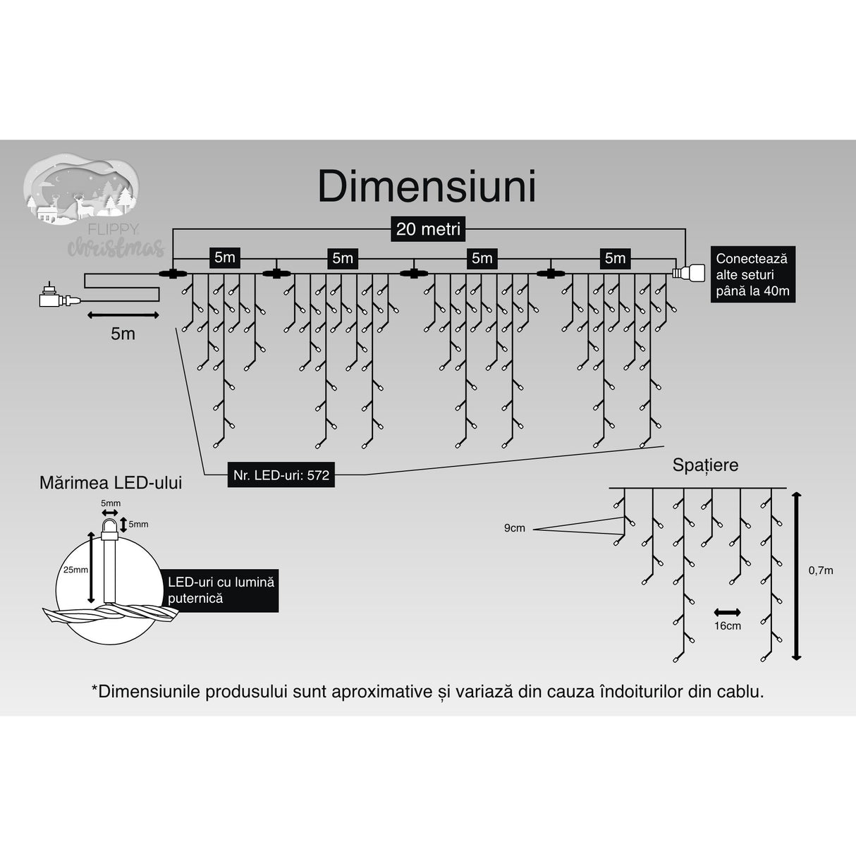 Transformator cu cip memorie inclus la instalația Crăciun 20 m franjuri multicolor