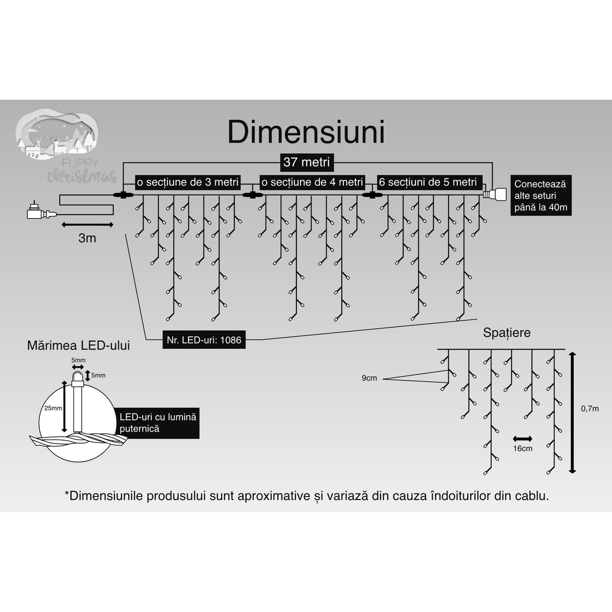 Instalatie Craciun, 37 m, 1086 Led-uri ,Franjuri, Alb cald, 8 jocuri de lumini, Transformator cu telecomanda, Interconectabila, Prelungitor 3 m inclus, Fir Negru, Vivimall - vivimall.ro