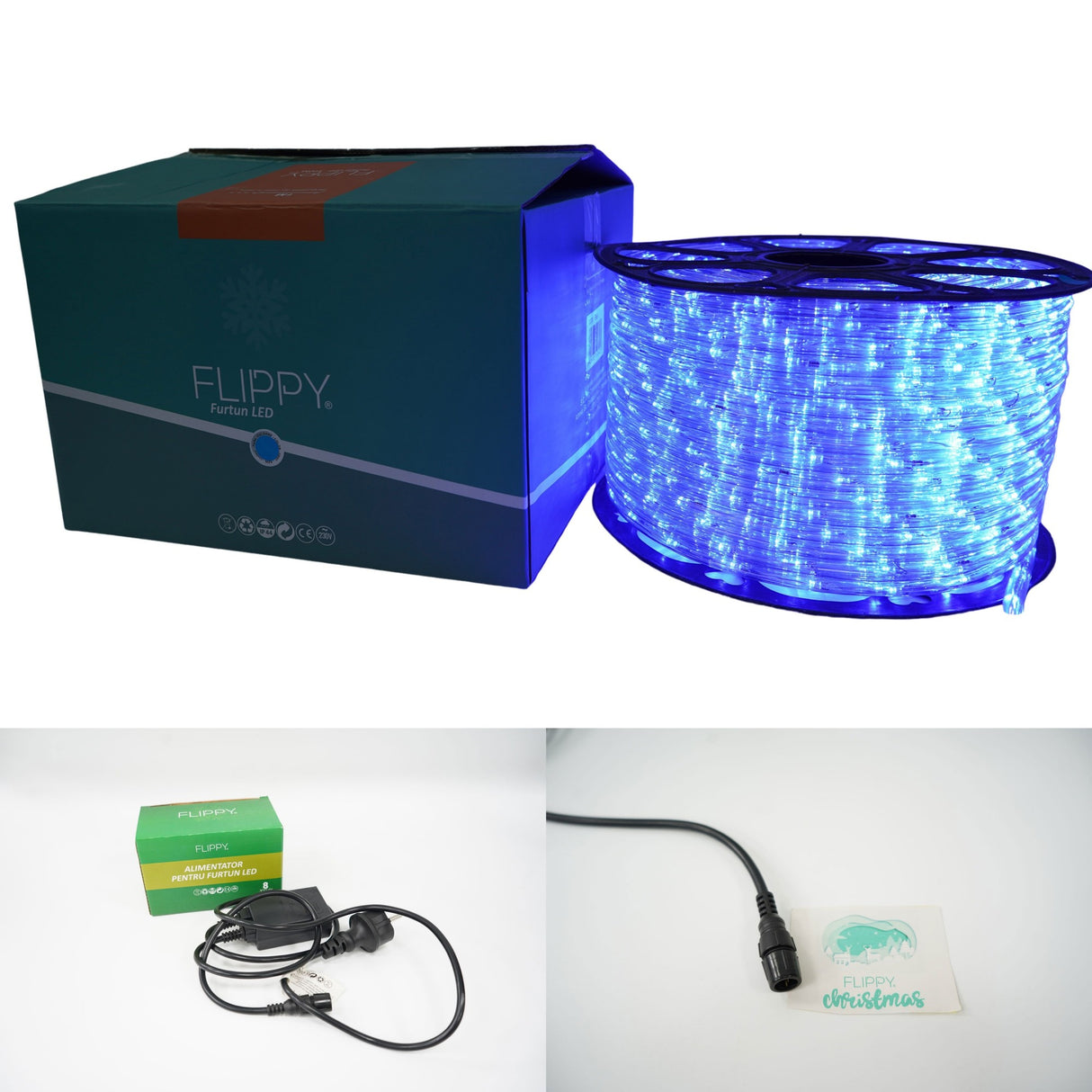 Instalatie Craciun, 4 m, 96 Led-uri, Furtun Luminos, Albastru, Transformator, 8 jocuri de lumini, Sectionabila, 220 V, Vivimall - vivimall.ro